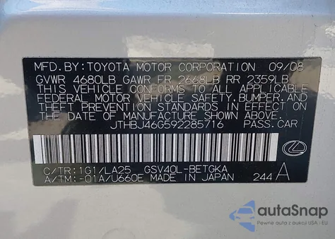 2009 Lexus Es 350 from USA, damaged, VIN JTHBJ46G592285716